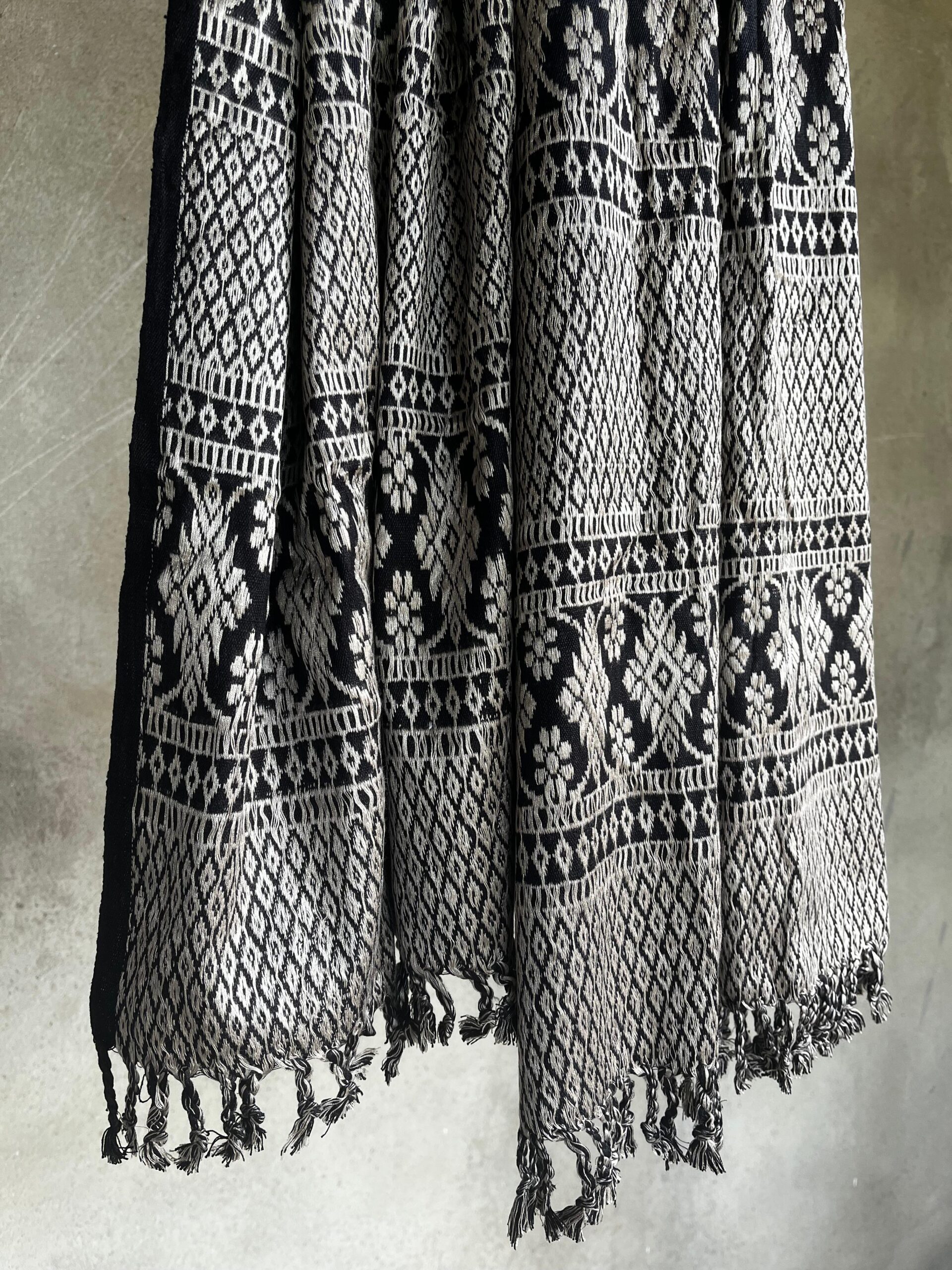 Black Eri silk (Ahimsa Silk ) with all over white motifs Handwoven Stole - Image 3