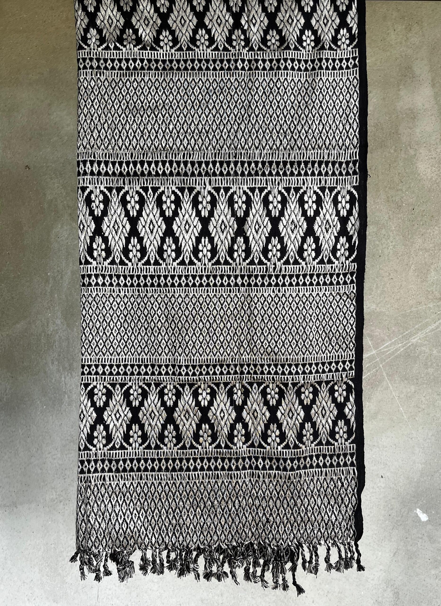 Black Eri silk (Ahimsa Silk ) with all over white motifs Handwoven Stole - Image 2