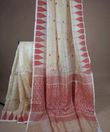 Handwoven Tussar Silk Saree With Red Moirangphee/Manipuri Border