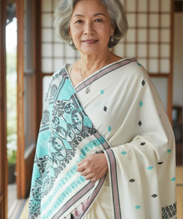 Handloom Eri Silk Saree / Ahimsa silk saree with Blue & Black motifs