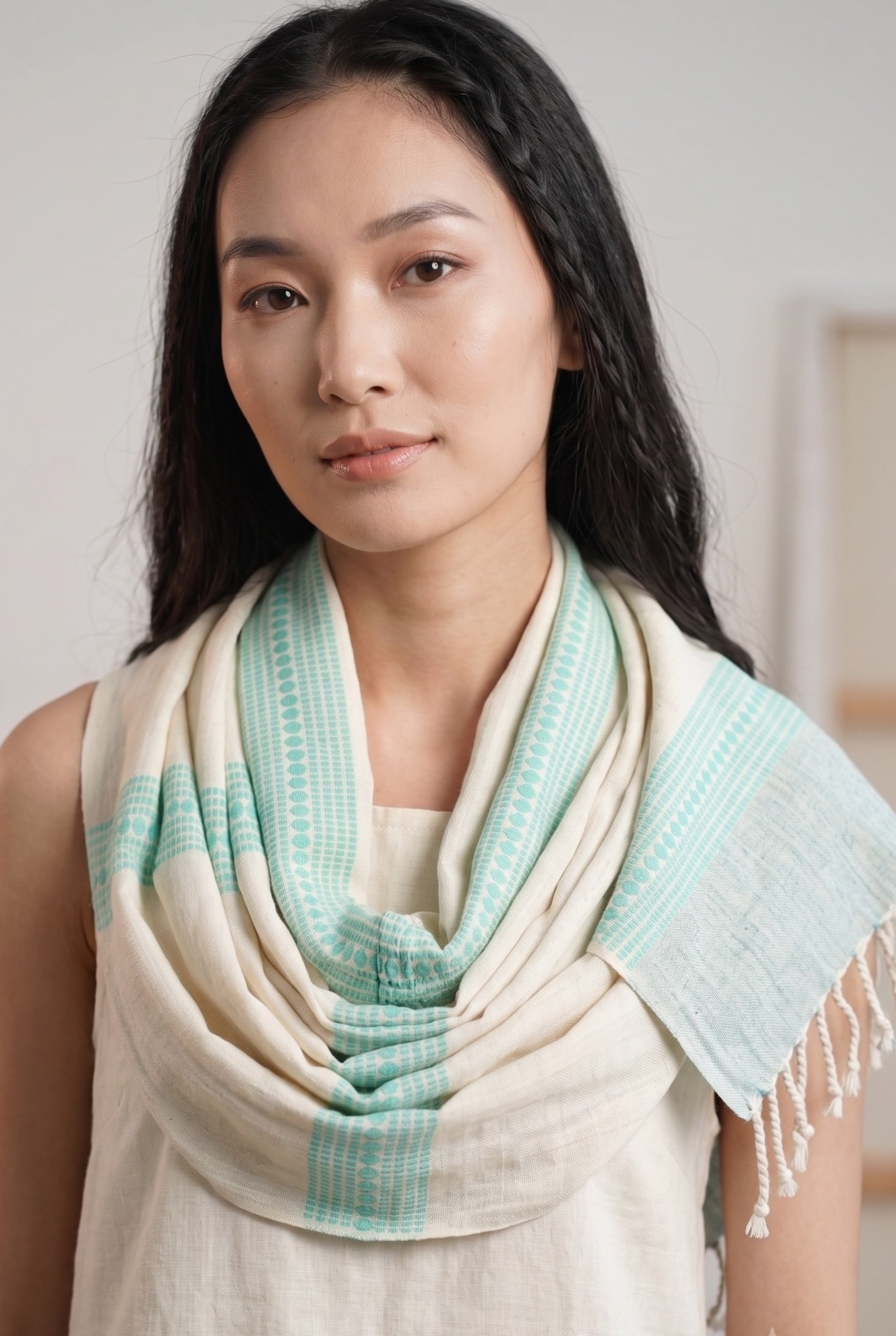 Eri Silk Handwoven Stole with Sea Green Motifs