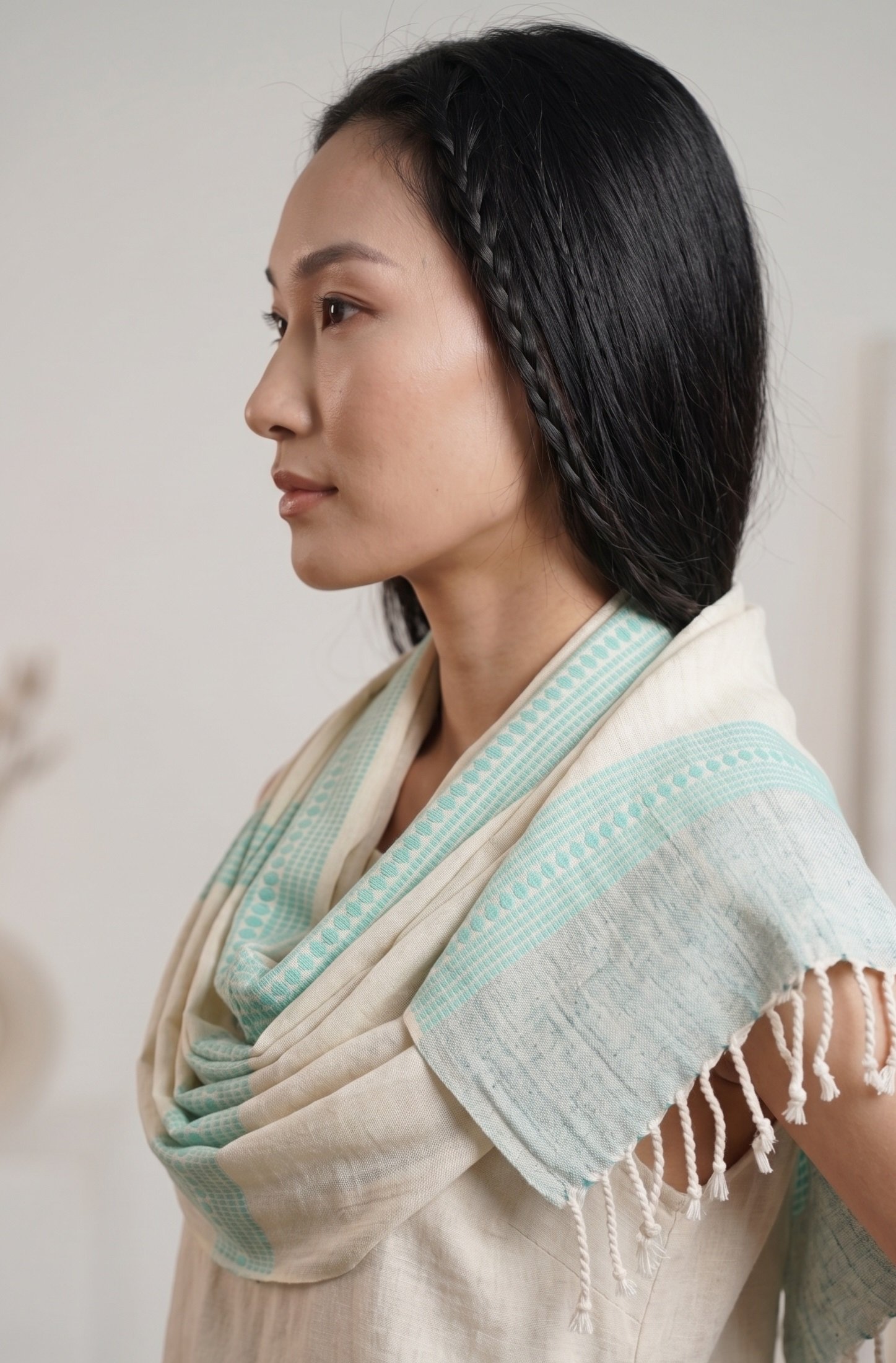 Eri Silk Handwoven Stole with Sea Green Motifs - Image 2