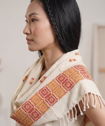 Eri Silk Handwoven Stole with Red & Yellow Motifs