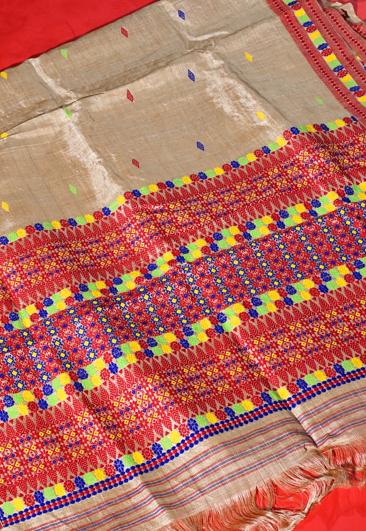 Assam Muga Silk Handloom Saree with Multicolor Motifs - Image 2