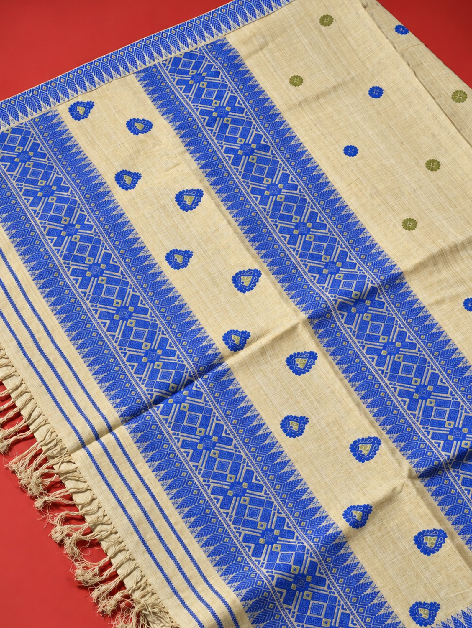Assam Muga Silk Handloom Saree with Blue Motifs - Image 2