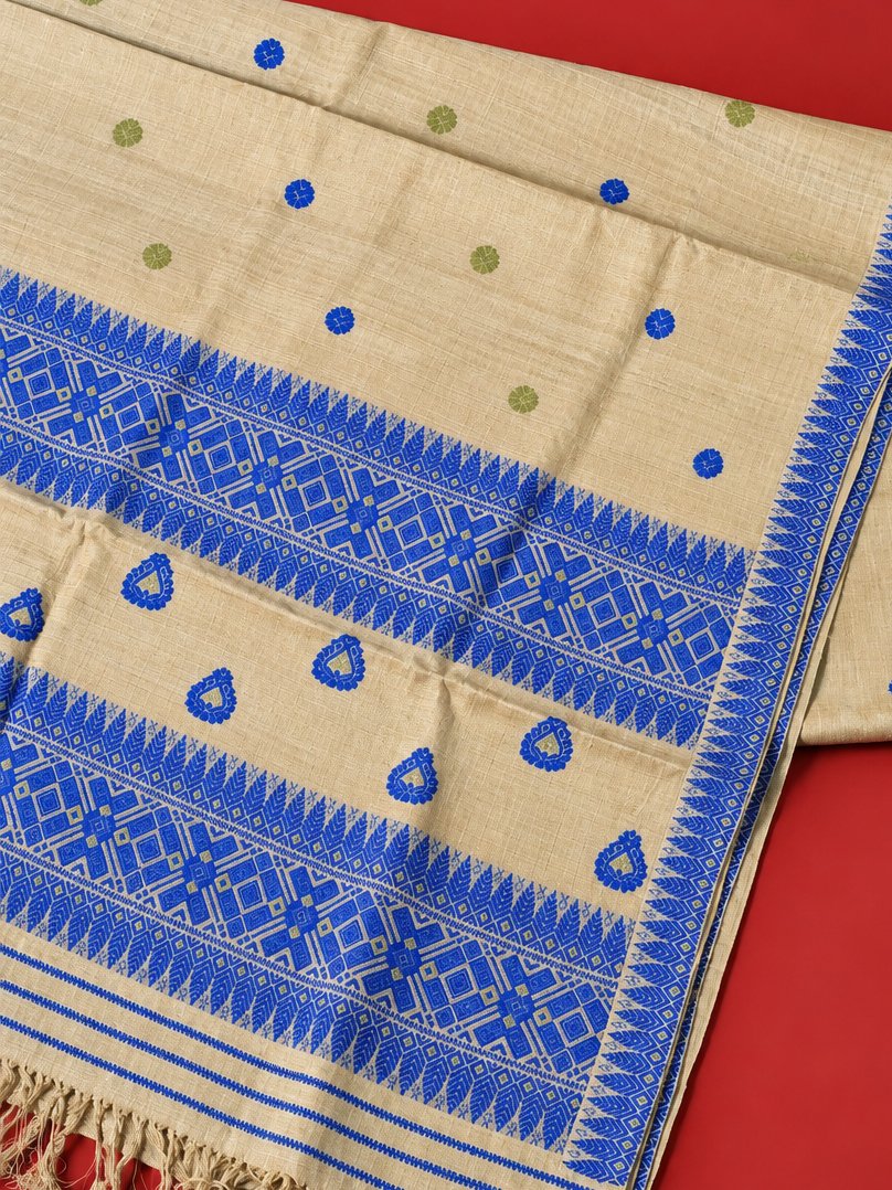 Assam Muga Silk Handloom Saree with Blue Motifs