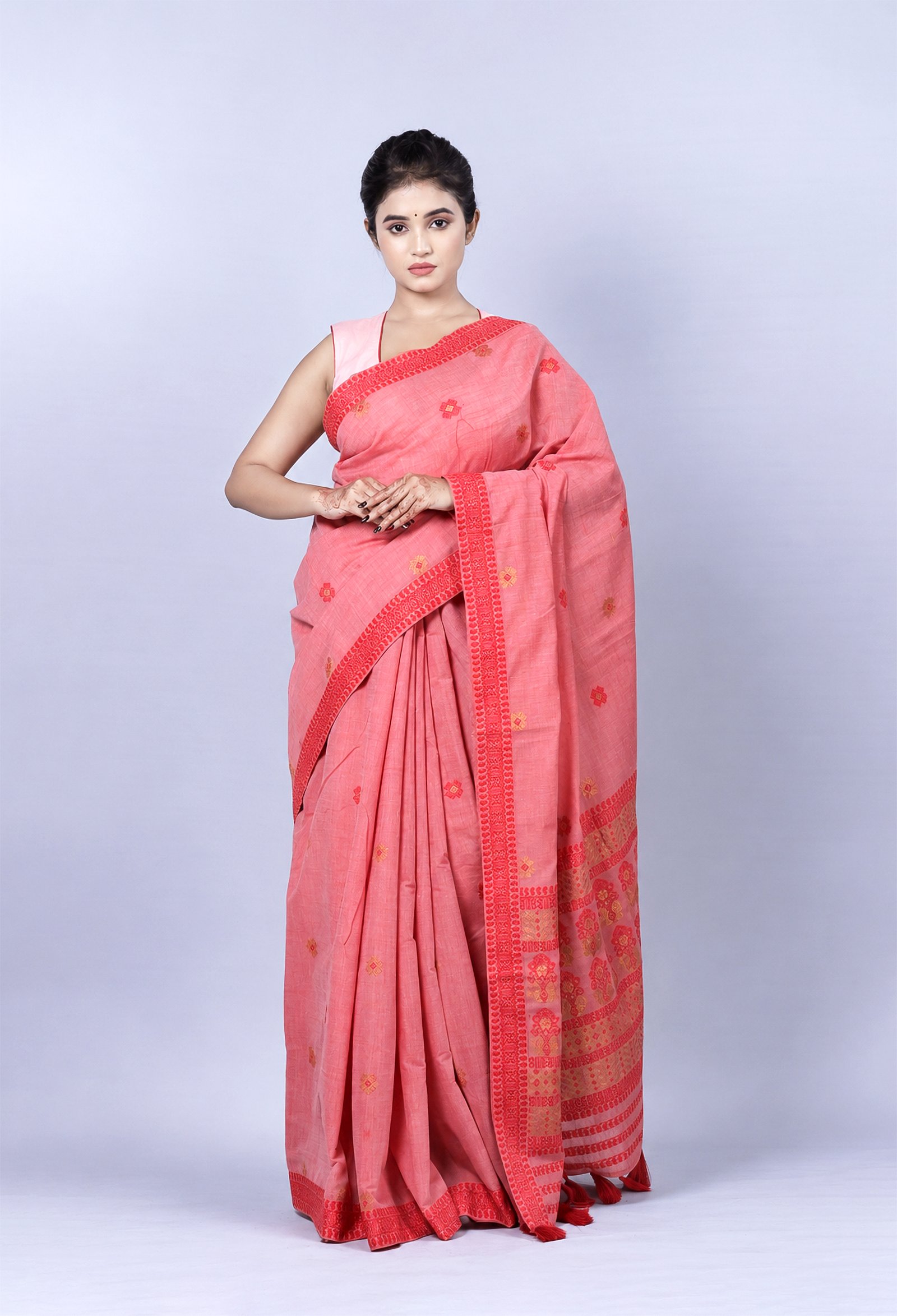 Red Cotton Handloom Assam Saree